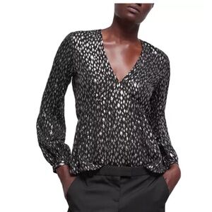 The Kooples Sparkling Leopard Print Blouse Black Silver Long Sleeve 2 US S NEW